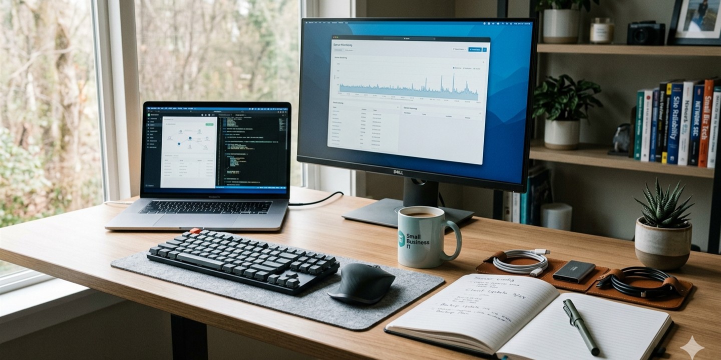 Clean small business workstation and monitor setup representing practical IT support
